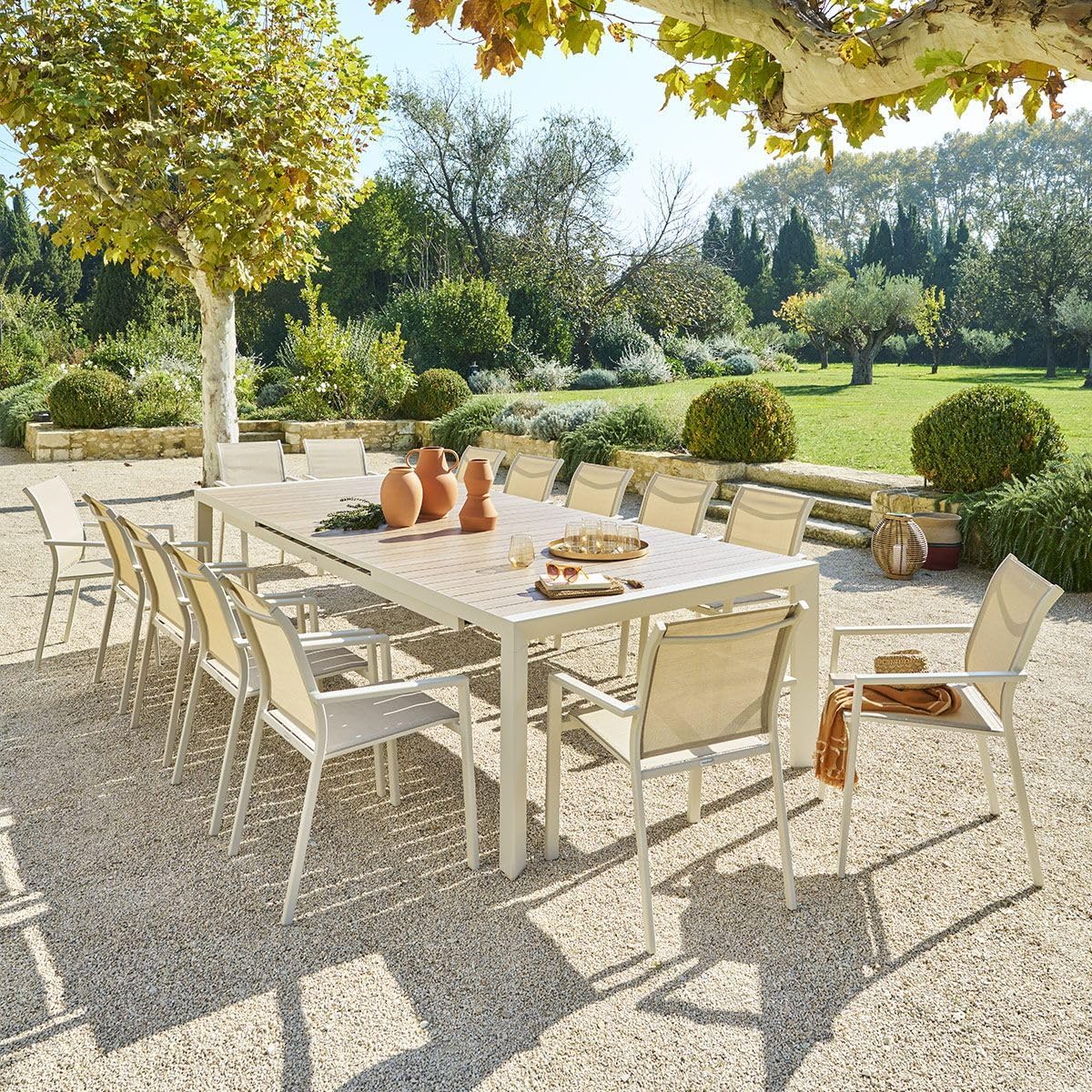 etevert - Evasion Argile - table extensible 14 places - aluminium bois antirouille, rallonge