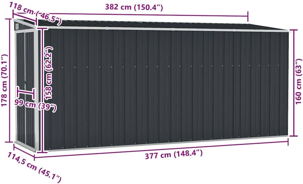 etevert Abri de Jardin Mural Anthracite 118x382x178 cm Acier,Structures extérieures, Cabanes & abris de Jardin,316231