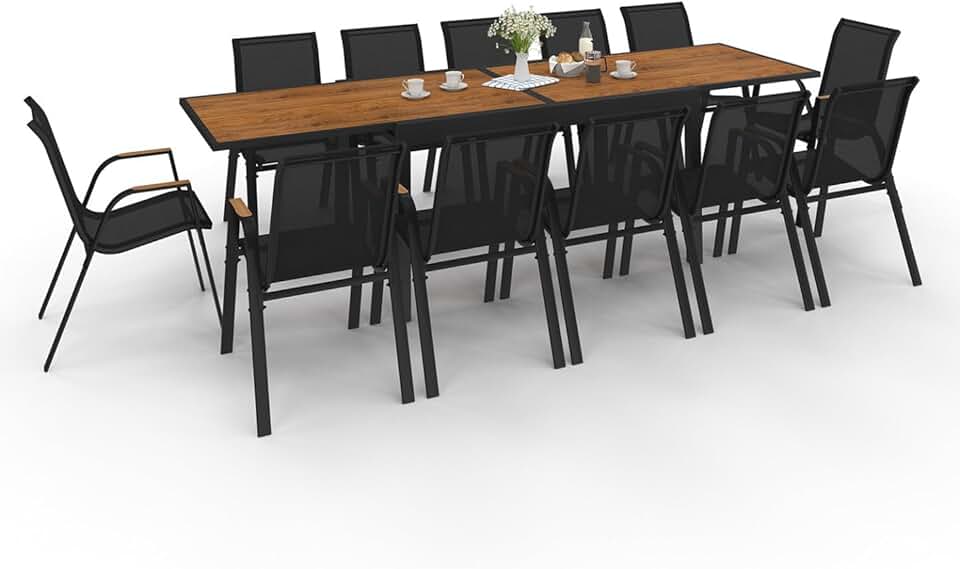 etevert - Salon de Jardin NOUMEA Table Extensible 135/270 cm Plateau Effet Bois et 12 chaises empilables Noir et Bois