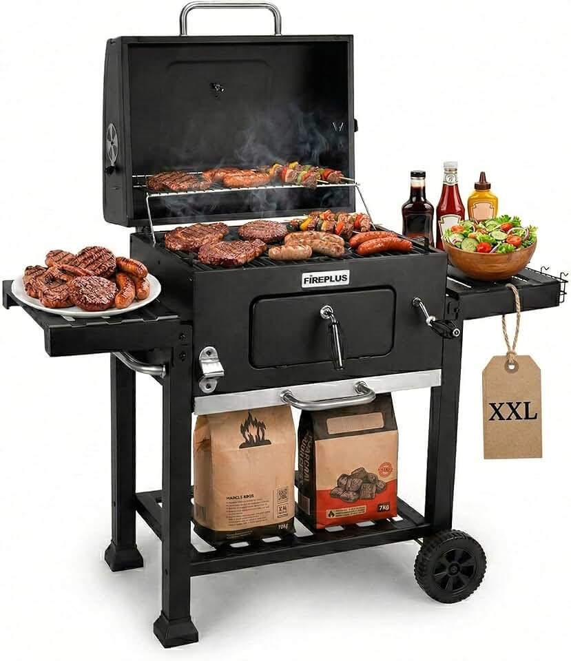 etevert - Fireplus Barbecue - 116,5x13,1x56cm - charbon, roues, plateaux, ventilation