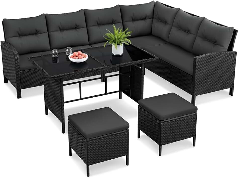 etevert - Salon de jardin 4 pièces - polyrotin, ottomans, table - noir/gris
