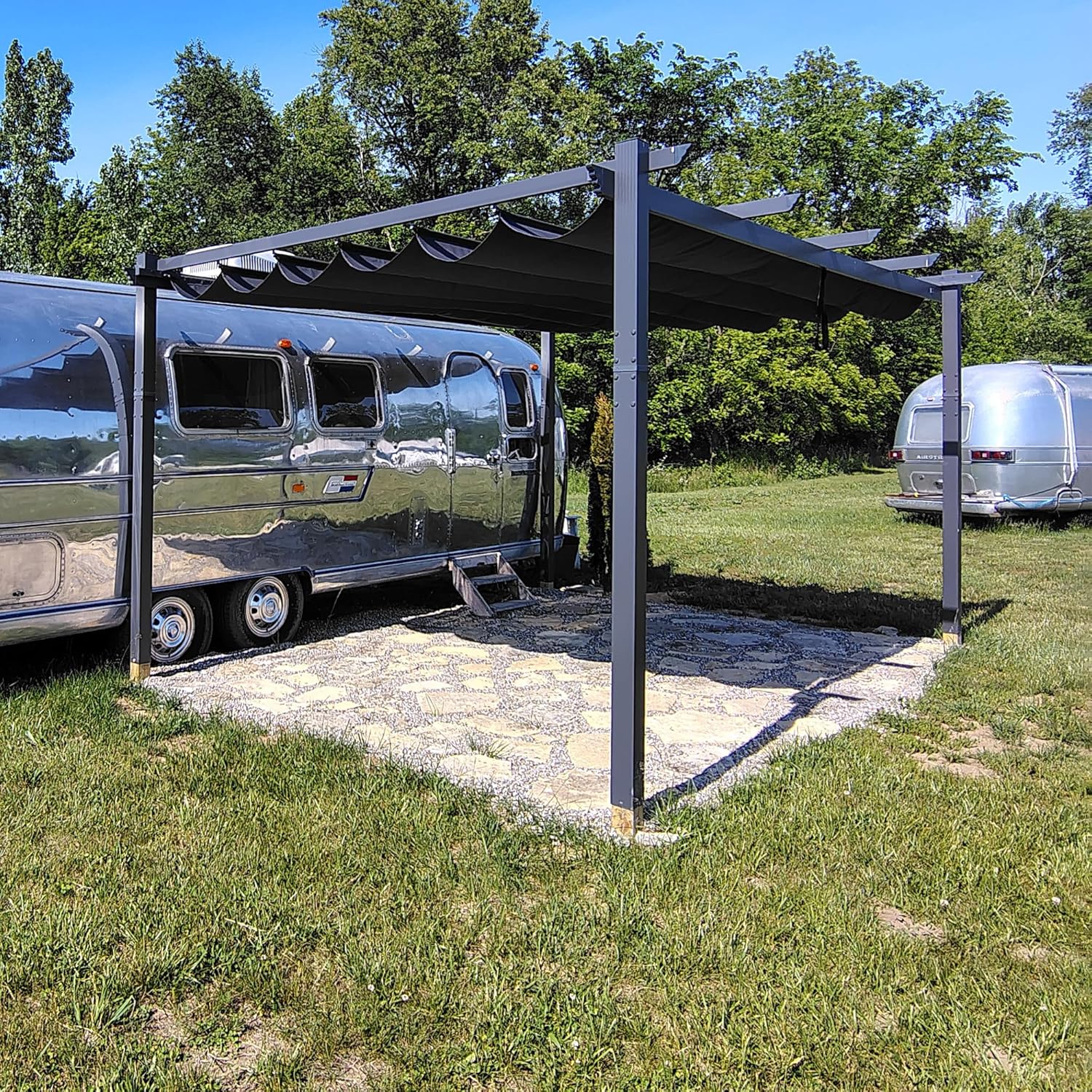 etevert - pergola aluminium - 4 x 3,2 m - toit coulissant, tissu teint, gris