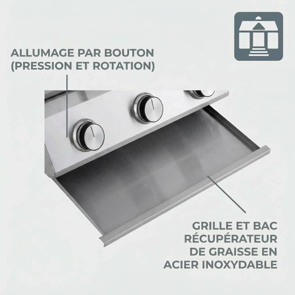 etevert - Barbecue à gaz portable - inox - 3 brûleurs, thermomètre, allumage piézo - CATHAN