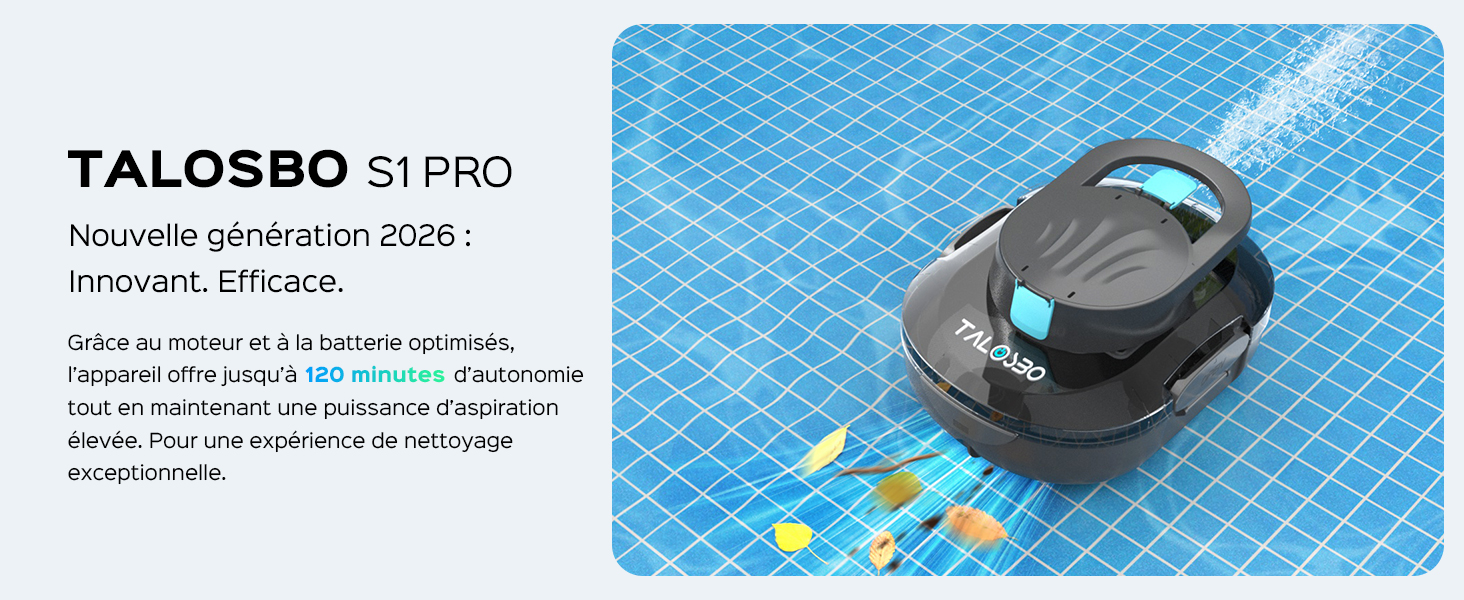 Le texte se lit comme suit : « etevert S1 PRO nouvelle génération 2026 ! Innovant. Efficace. » Aspirateur robotique noir avec accent bleu représenté sur une surface quadrillée bleue sous un angle différent.
