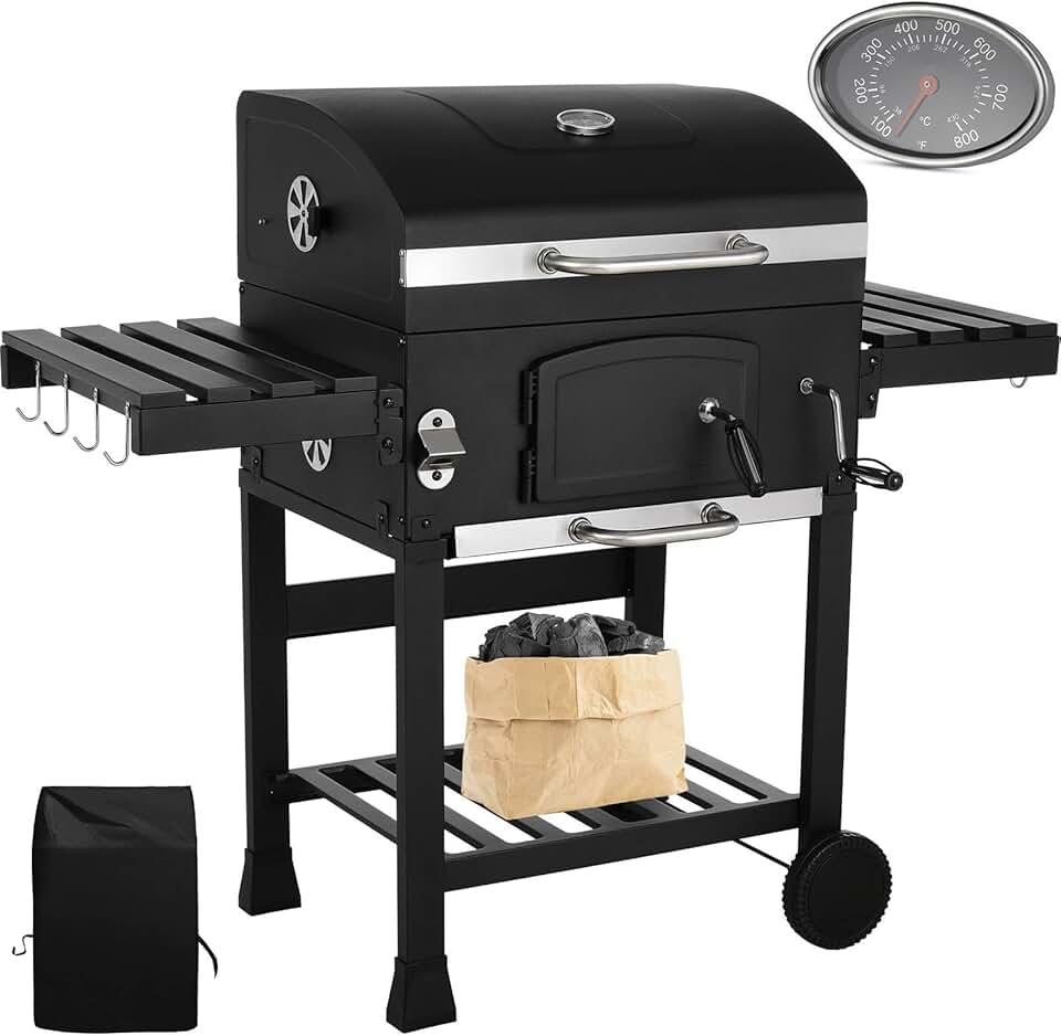 etevert - Barbecue charbon XXL - grand chariot, fumoir et thermomètre