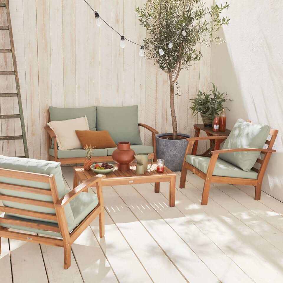 etevert - Ushuaïa - Salon de jardin bois 4 places, coussins verts, canapé, fauteuils, table basse