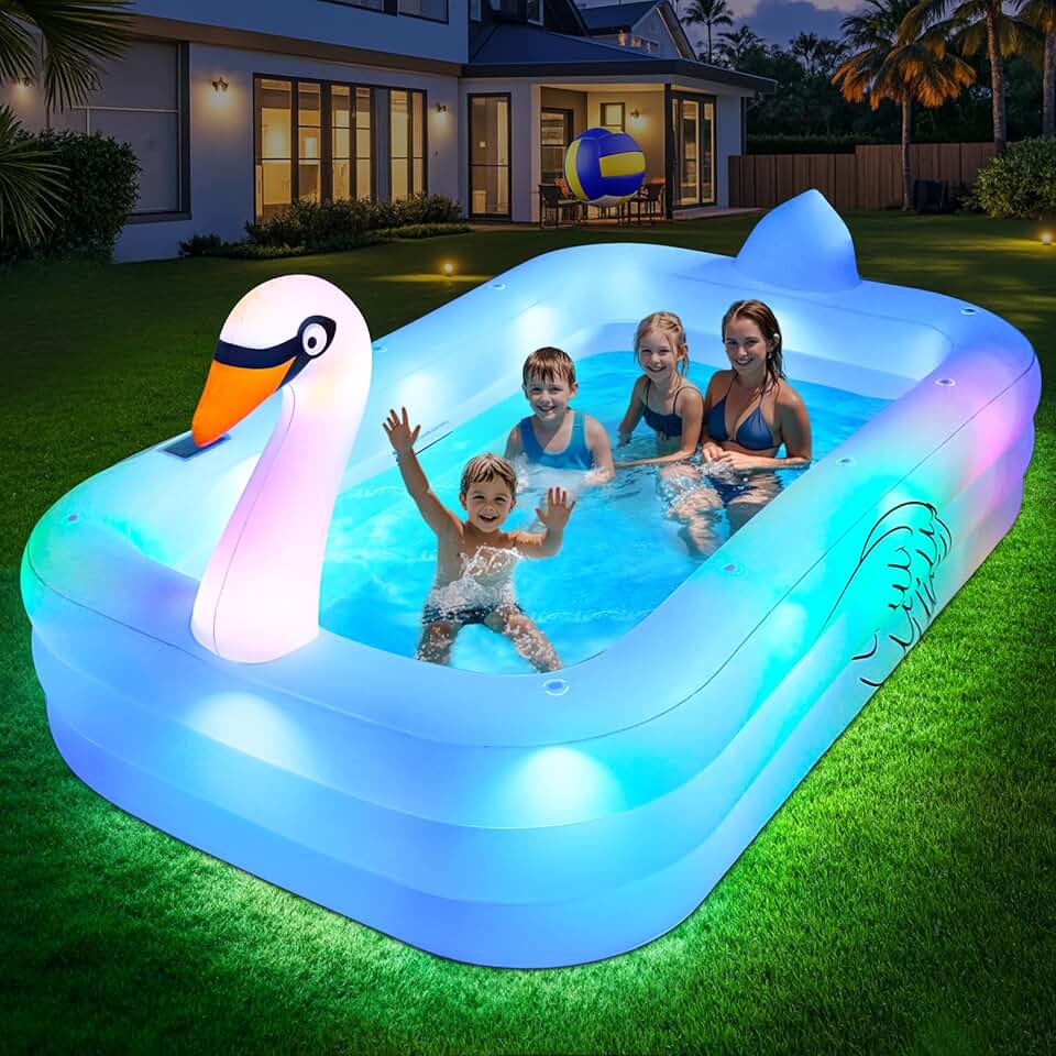 etevert Piscine Gonflable avec Lumières, Swan Piscine Gonflable Adulte, 255x160x50cm Grande Piscines Gonflables Rectangulaire, Swimming Pool Surdimensionnée pour Enfants et Famille, pour Jardin