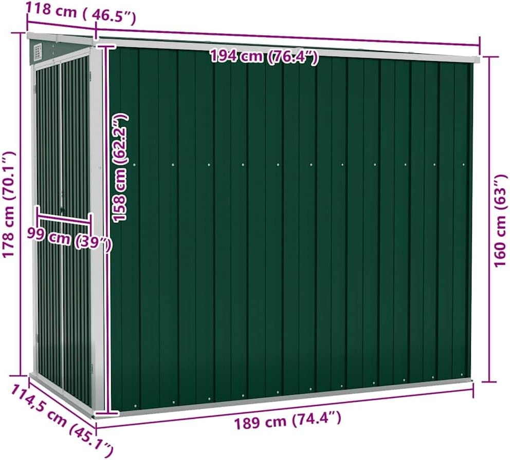 etevert Abri de Jardin Mural Vert 118x194x178 cm Acier galvanisé,Structures extérieures, Cabanes & abris de Jardin,316221