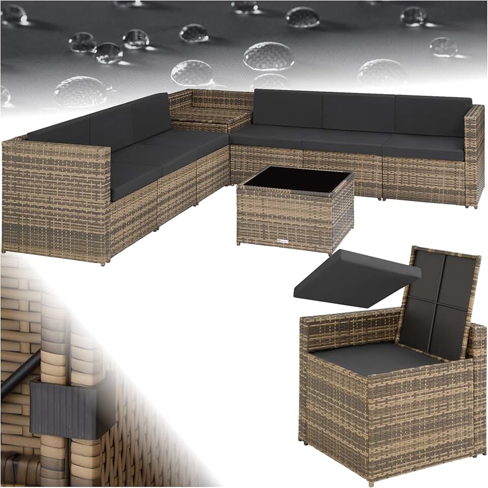 etevert - salon de jardin modulable 6 places résine, coffre et table, brun - 200x130cm