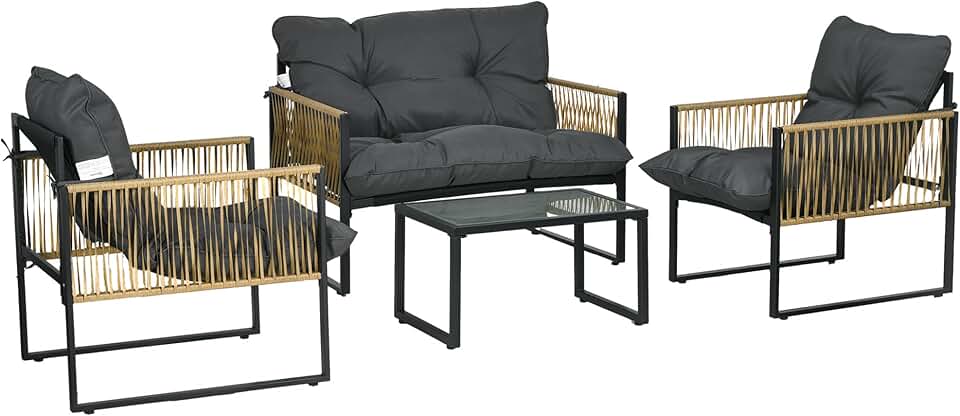 etevert - Salon extérieur 4 pièces, canapé 2 places, coussins gris, acier/résine, plateau en verre
