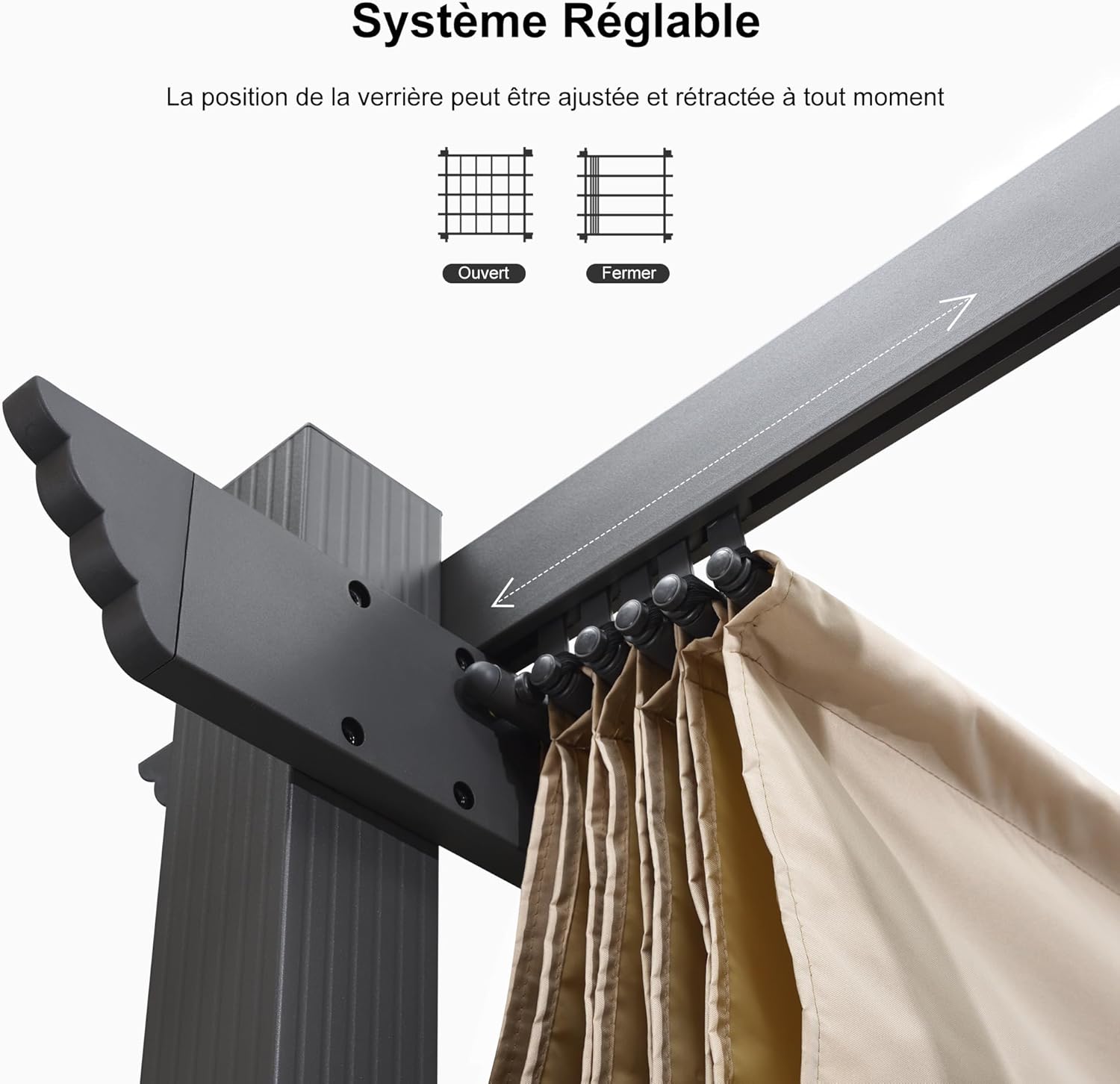etevert - pergola aluminium série LED - 4,8x3,5 m - toit rétractable, structure résistante, kaki