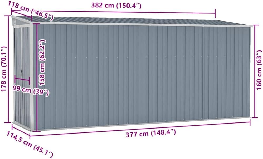 etevert Abri de Jardin Mural Gris 118x382x178 cm Acier galvanisé, Maison & Jardin, Pelouses & Jardins, Vie en extérieur, Structures extérieures, Cabanes & abris de Jardin, Gris, (Poids 47.9KG)
