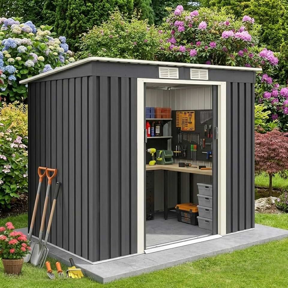 etevert 2,37M² Abri de Jardin en Acier Galvanisé Résistant 4,1m³, 213x130x173CM, Cabane de Jardin Exterieur avec 2 Portes Coulissant, 2 Aérations, Toit Incliné, Rangement Outils pour Pelouse, Patio