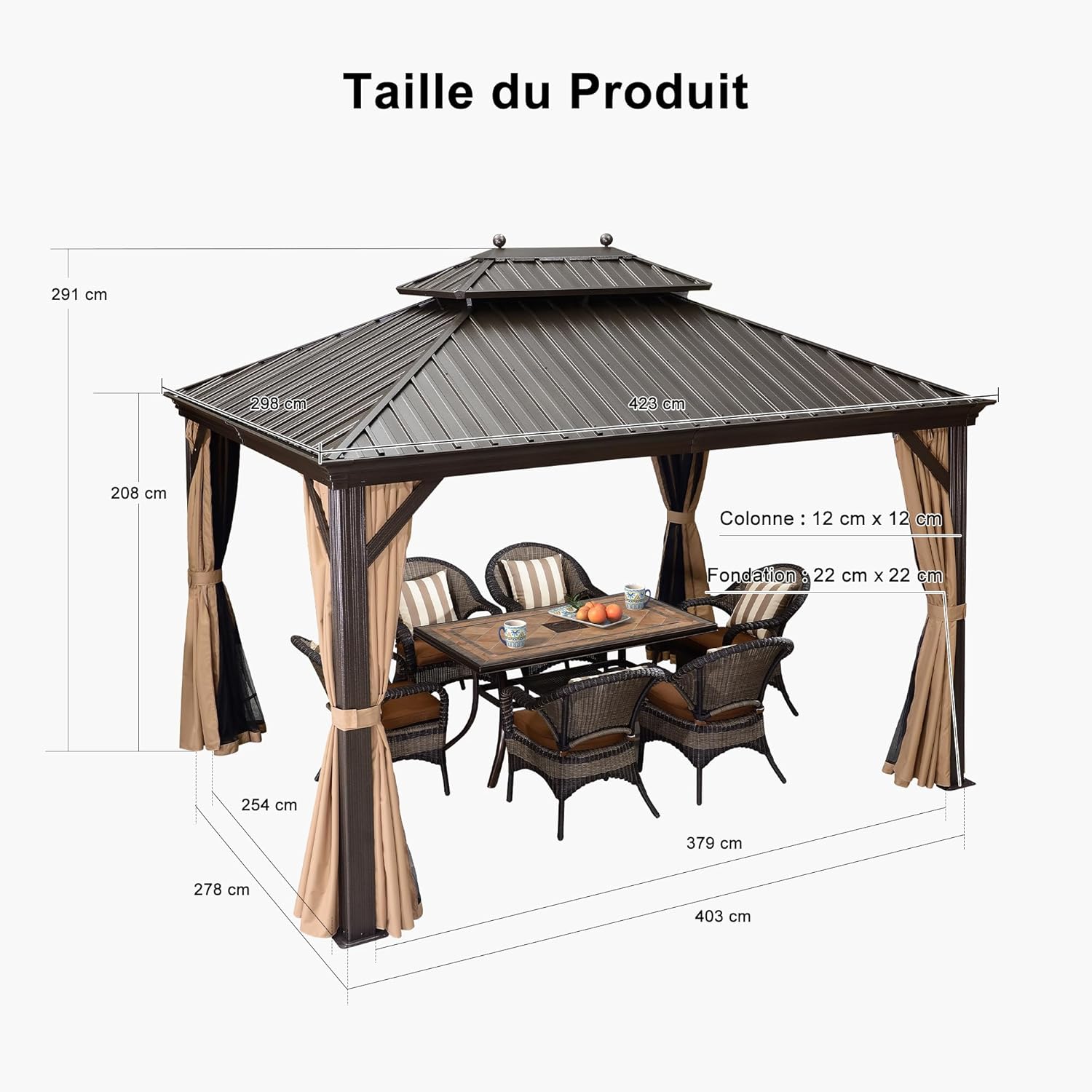 etevert - Tonnelle de Jardin 4,25x3m - Acier galvanisé, moustiquaire, rideaux, gouttière, poteaux renforcés, bronze 