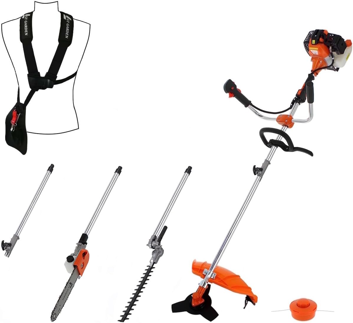 etevert - multifonction 4 en 1 thermique - 3 outils + rallonge - tronçonneuse, débroussailleuse, taille-haies