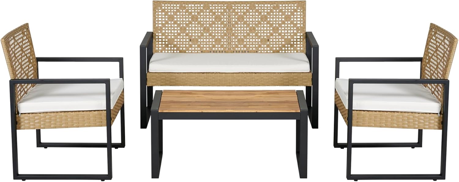 etevert - Salon de jardin 4 pièces, acier/acacia, 2 chaises + banc, beige/naturel