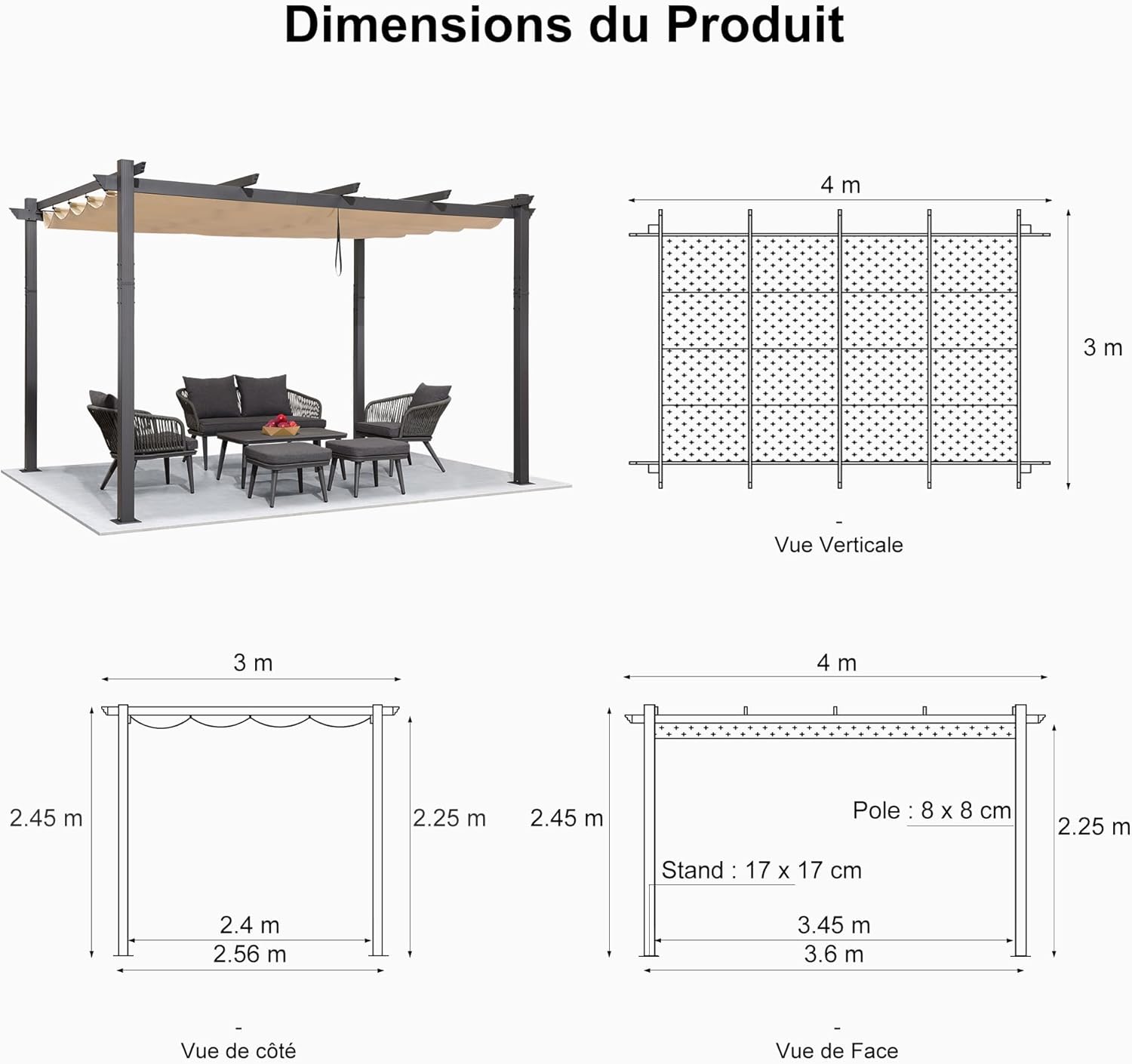 etevert - Pergola aluminium LED, toit rétractable, 4x3m, kaki