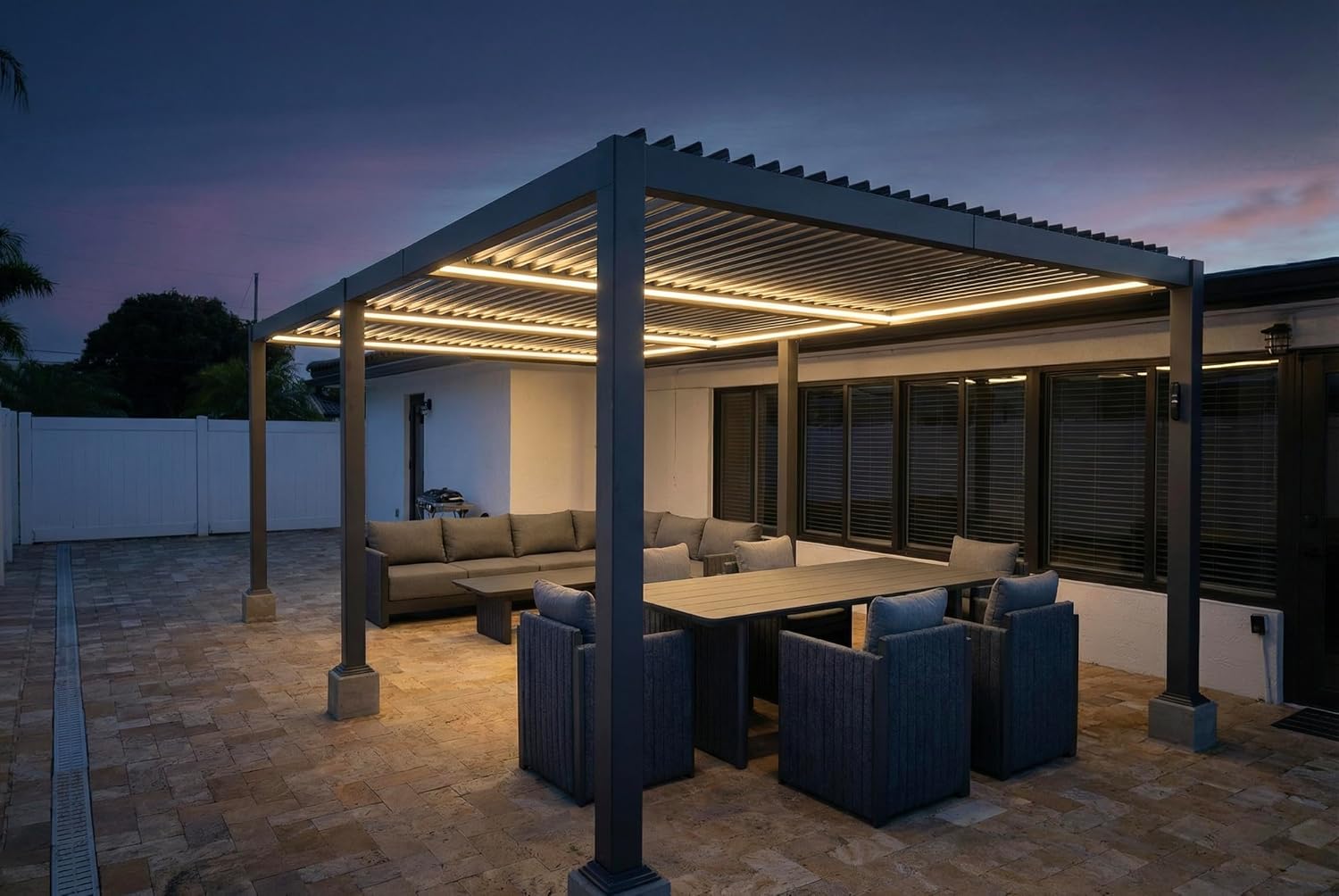 etevert - pergola bioclimatique - 3,5x6,35m - lames LED alu gris