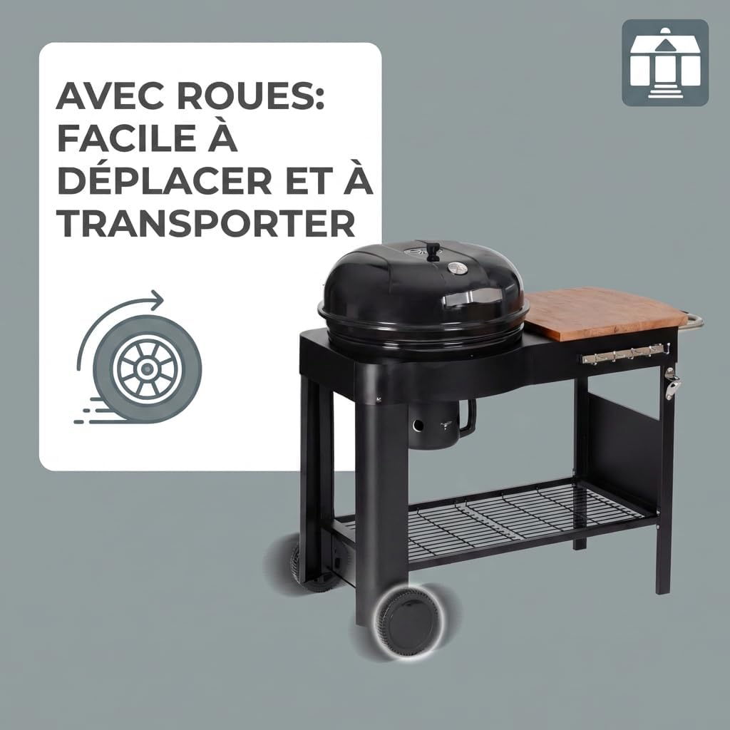 etevert - Barbecue Calgary - acier/bois - couvercle thermomètre, tablettes, 2 roues, noir