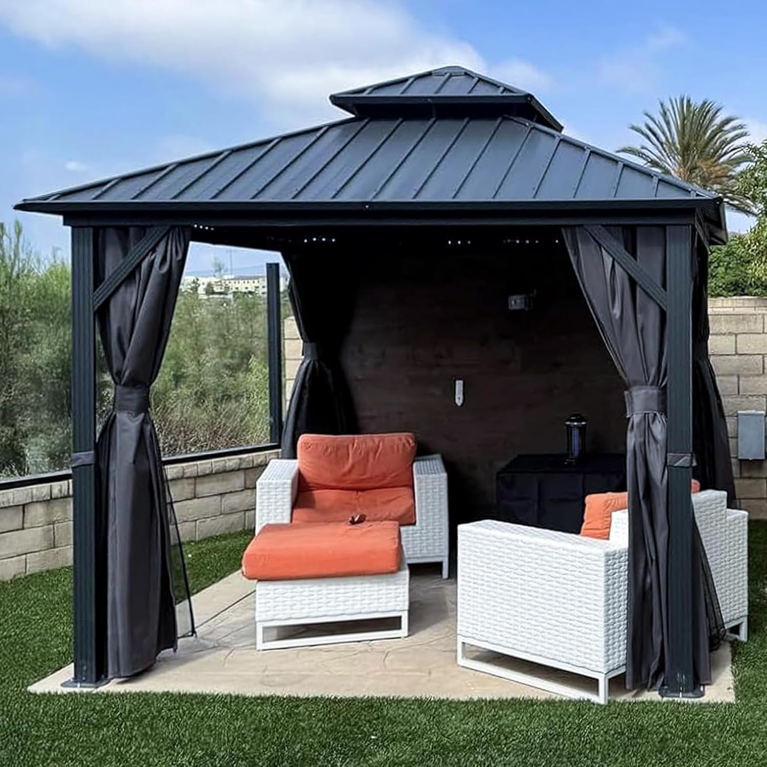 etevert - Tonnelle de jardin alu 3x3 m toit double, rideaux, gris
