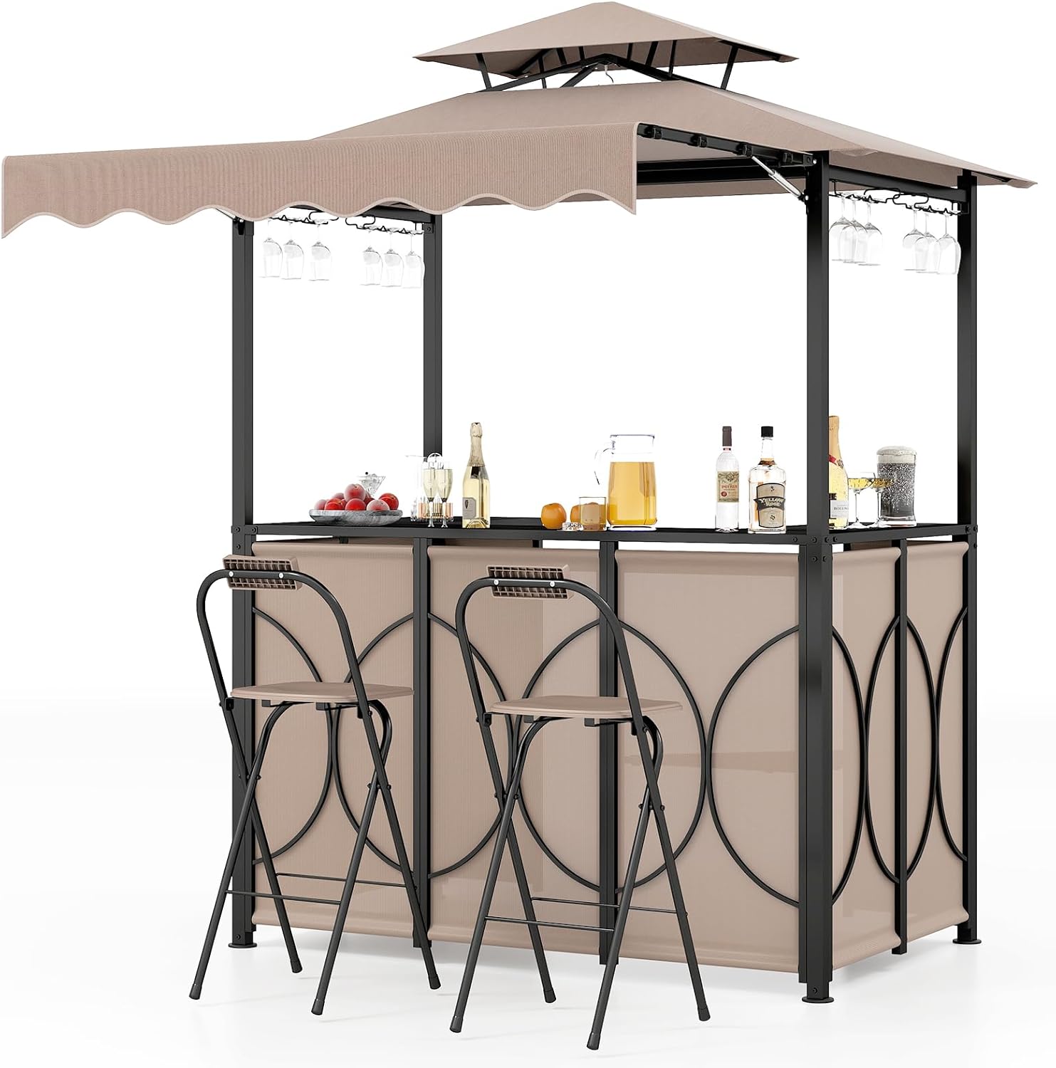 etevert - Tonnelle barbecue extérieur 3 pcs, table bar, 2 chaises pliables, double toit, métal, marron