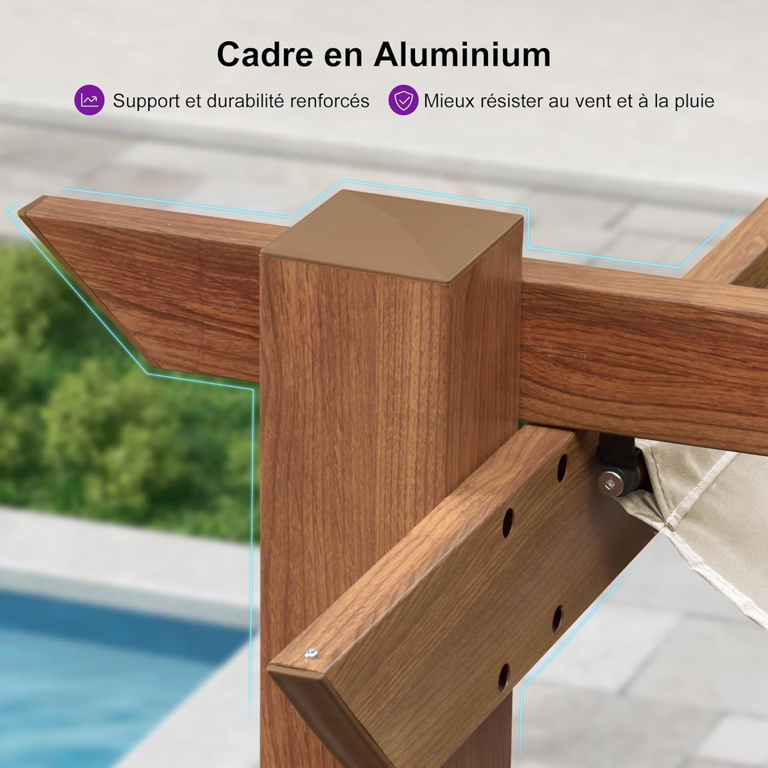etevert - pergola aluminium - 3x3m - teck, toile rétractable, kaki