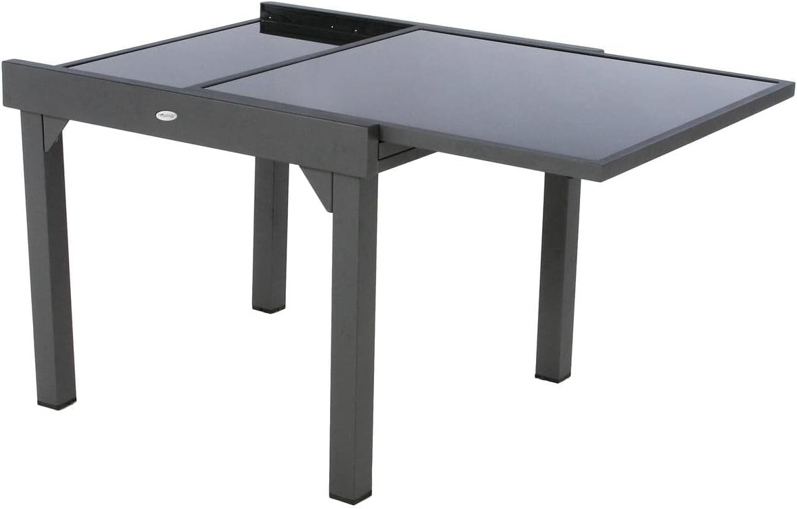 etevert - Table Piazza Gris Graphite extensible 8 places - Aluminium anti-rouille, verre trempé, rallonge coulissante.