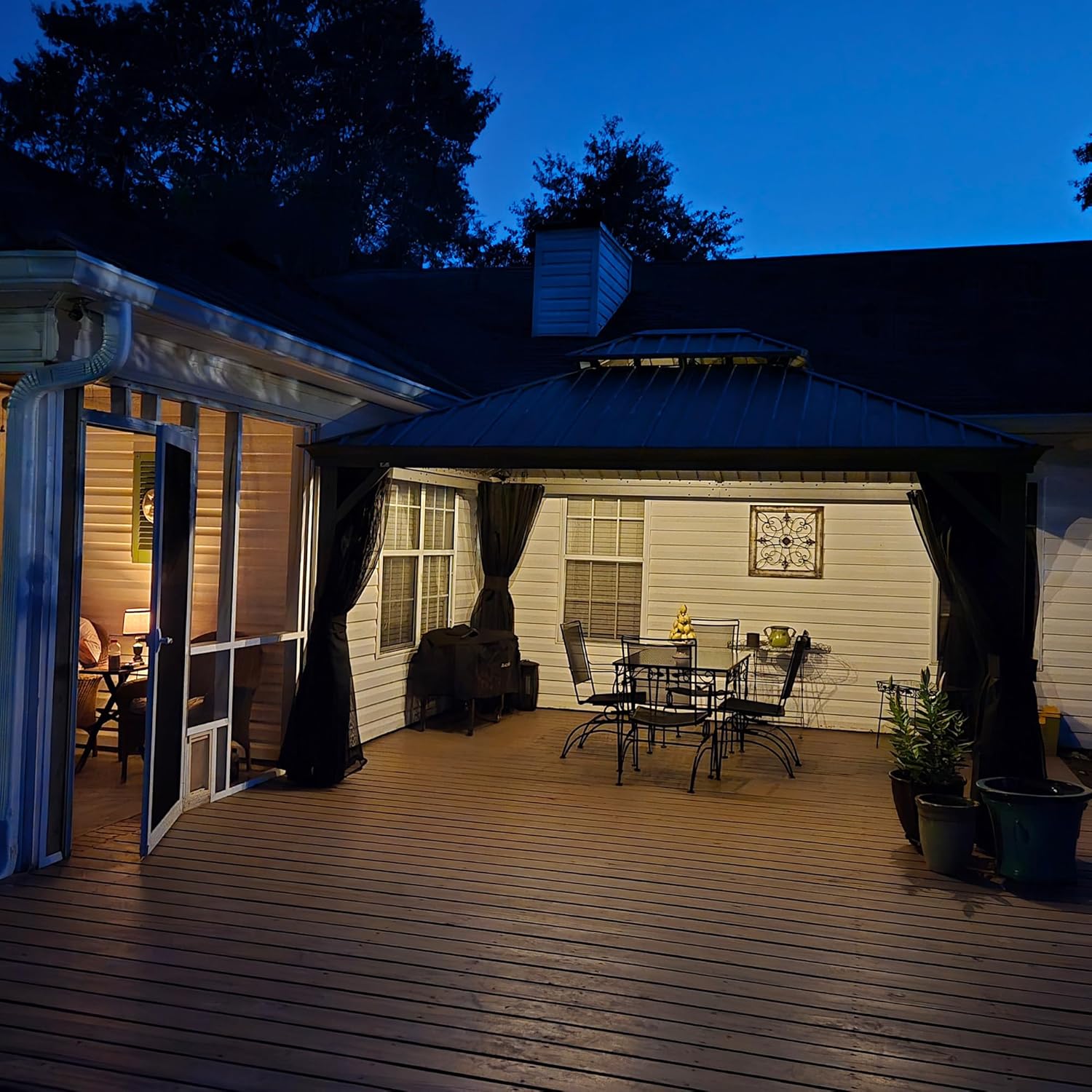 etevert - tonnelle jardin double toit alu - 3,65x4,25m rideaux moustiquaire guirlande solaire