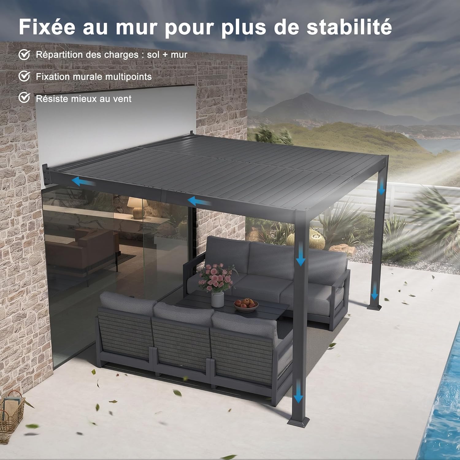etevert - Pergola bioclimatique adossée - 2,5x3 m - aluminium, lames orientables, résistante intempéries