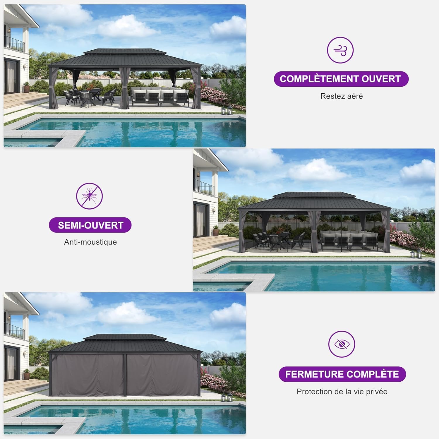 etevert - Pergola série extérieure - 7.32x4.25m - alu, éclairage, moustiquaire, rideaux, gouttière, poteaux renforcé