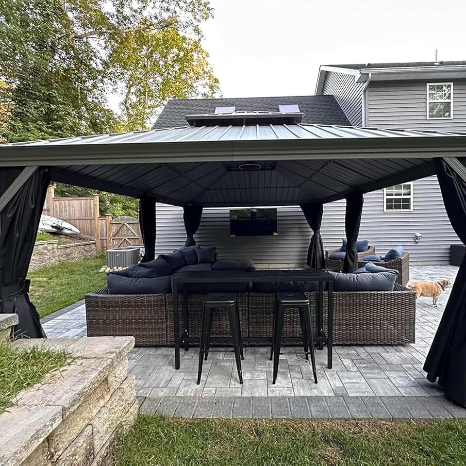 etevert - pergola double toit - 4,25x6m - alu, rideaux, moustiquaire, guirlande