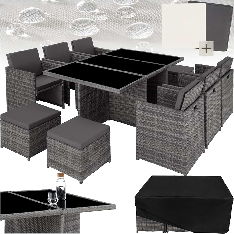 etevert - Salon de jardin polyrotin 10 places, housses incluses, gris