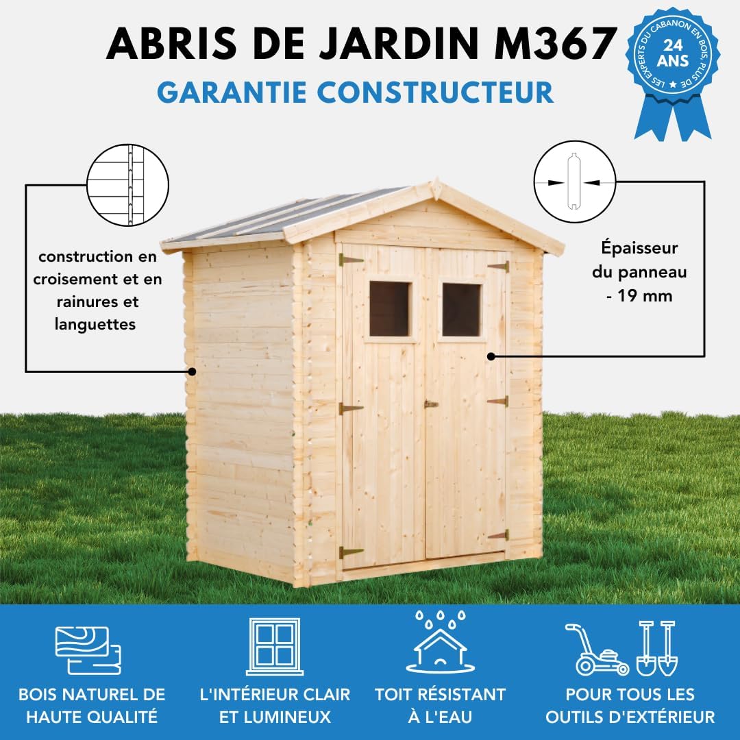 Abri de Jardin en Bois avec Sol TRAITÉ - Stockage extérieur I196xL136xH218 cm/ 1.98 m2 Petit abri à Outils, Local à vélos - Toit imperméable, fenêtres - etevert M367