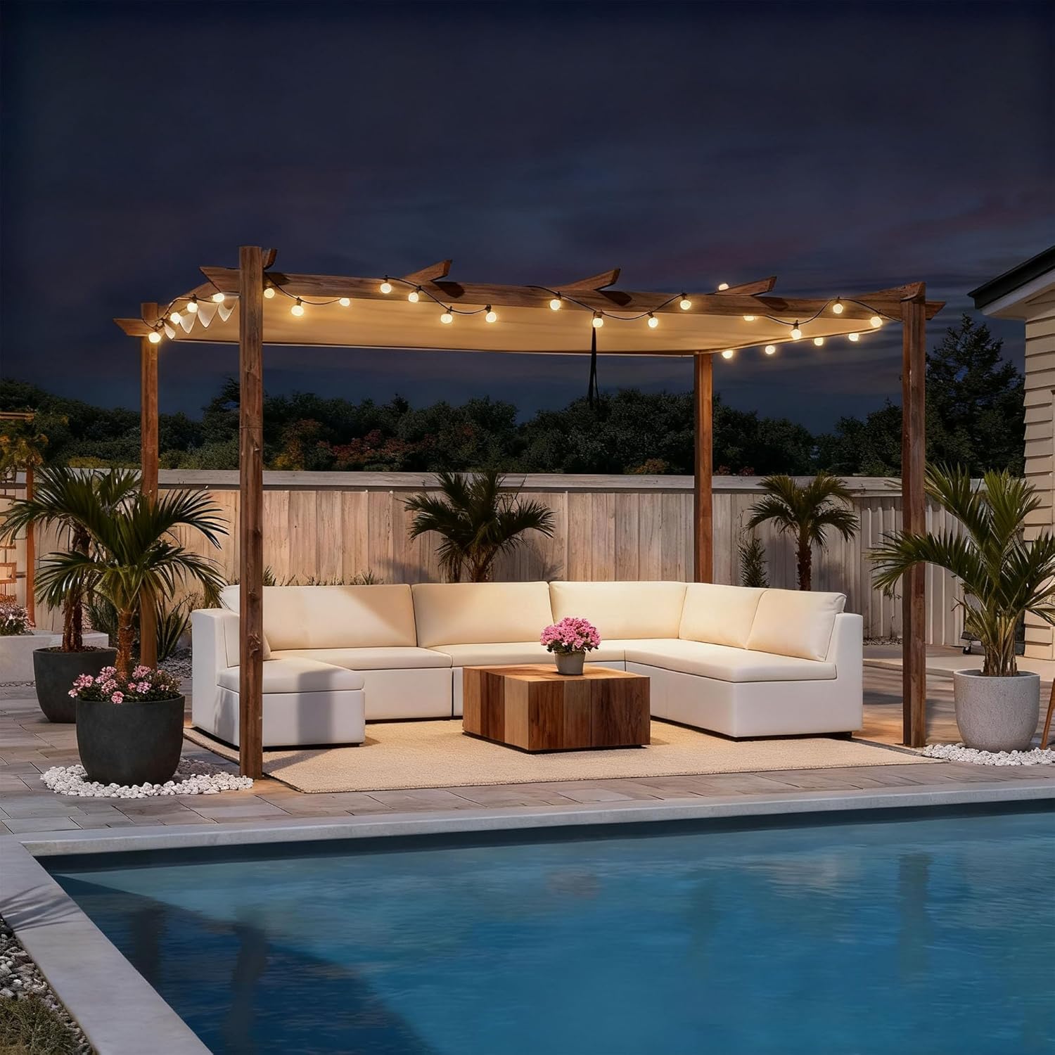 etevert - Pergola aluminium 4x3m, toit rétractable, éclairage intégré, finition teck, kaki