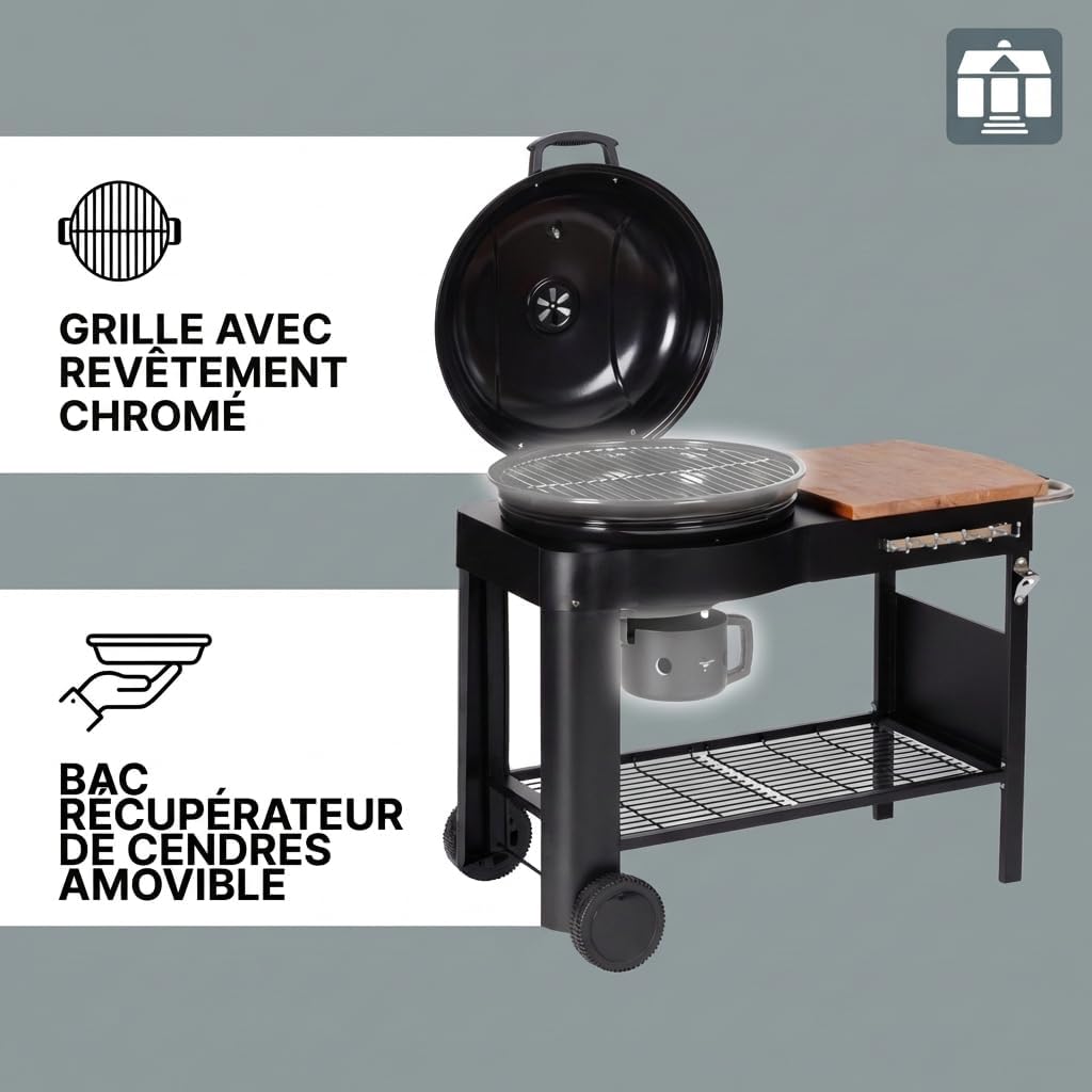 etevert - Barbecue Calgary - acier/bois - couvercle thermomètre, tablettes, 2 roues, noir