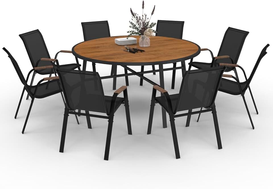 etevert - Noumea - Table ø150 cm et 8 chaises empilables, verre et bois