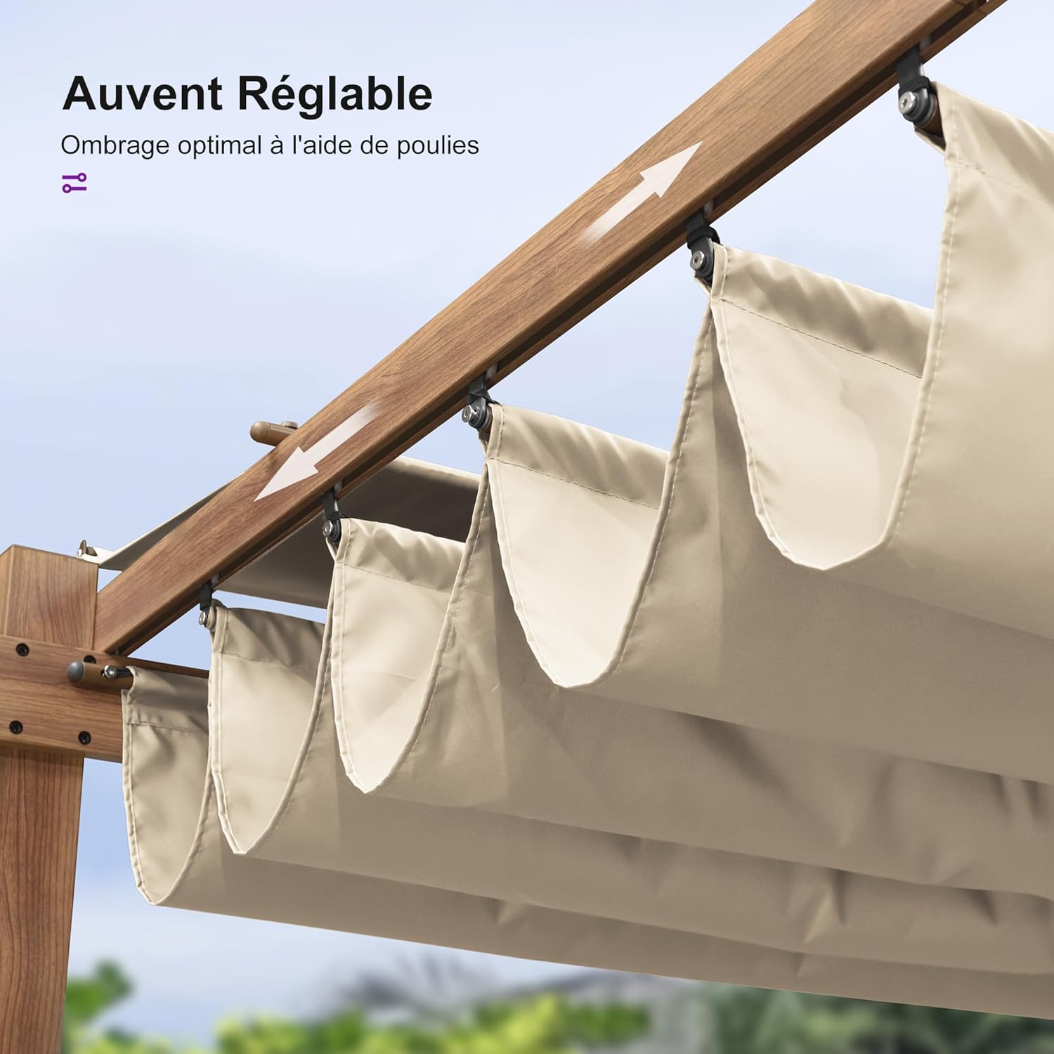 etevert - pergola aluminium - 3x3m - teck, toile rétractable, kaki