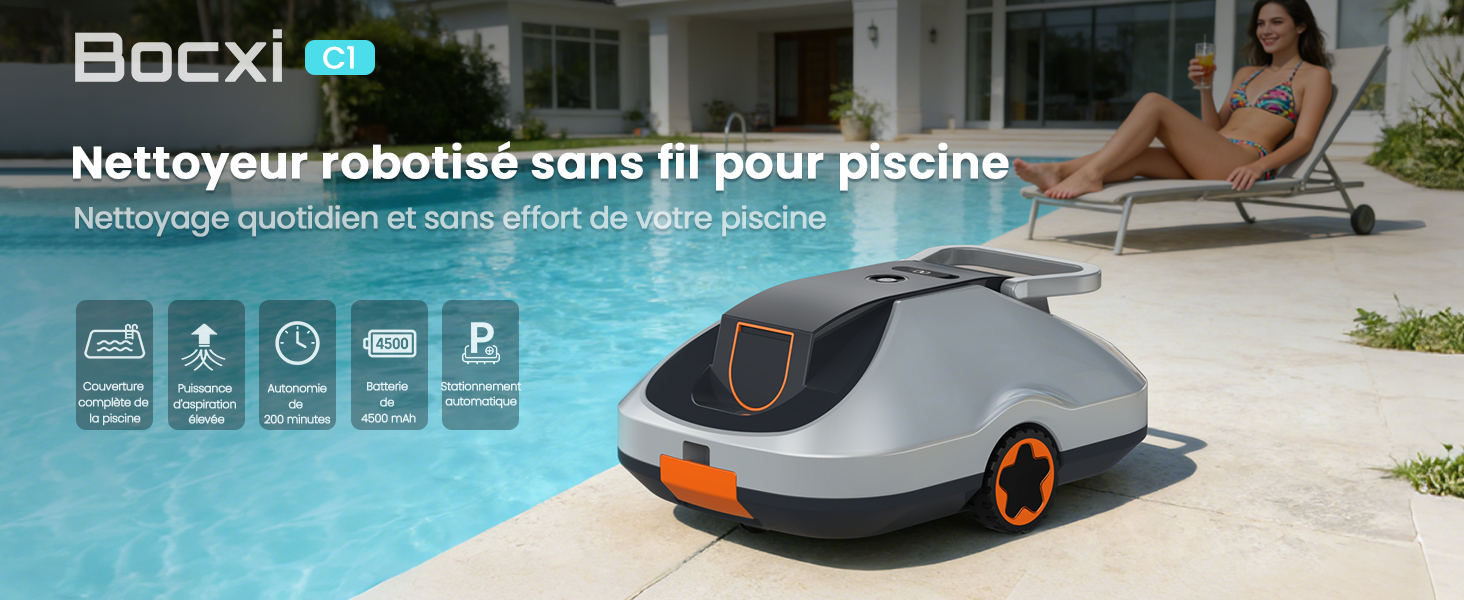 Le texte indique « Image 5 » et « etevert ». Aspirateur robot présenté en couleur bleu-gris, avec une image promotionnelle de style de vie le montrant en cours d'utilisation.