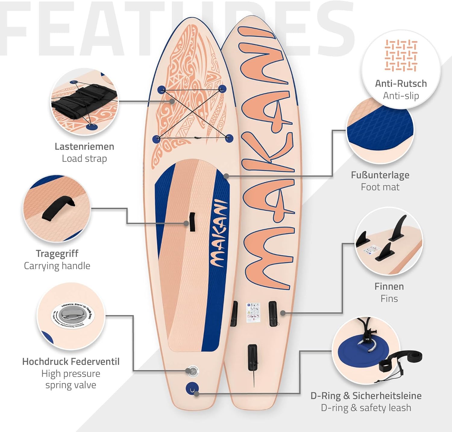 etevert Stand Up Surf Paddle Board Gonflable 305/308/320/380 cm | PVC | jusqu'à 120/150 kg | Épaisseur 10/15 cm | Planche de Surf Pagaie Sac de Transport Pompe à Air | Diverses Couleurs Modèles