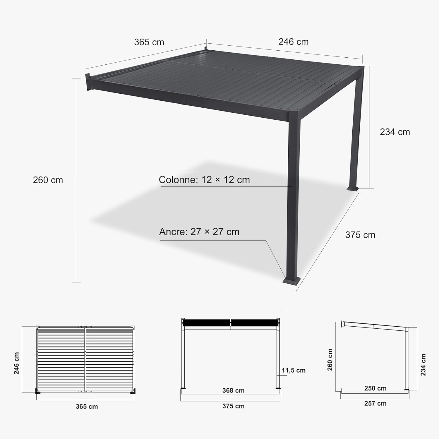 etevert - pergola bioclimatique adossée - 2,5x3,65m - aluminium, lames orientables, imperméable, gain de place