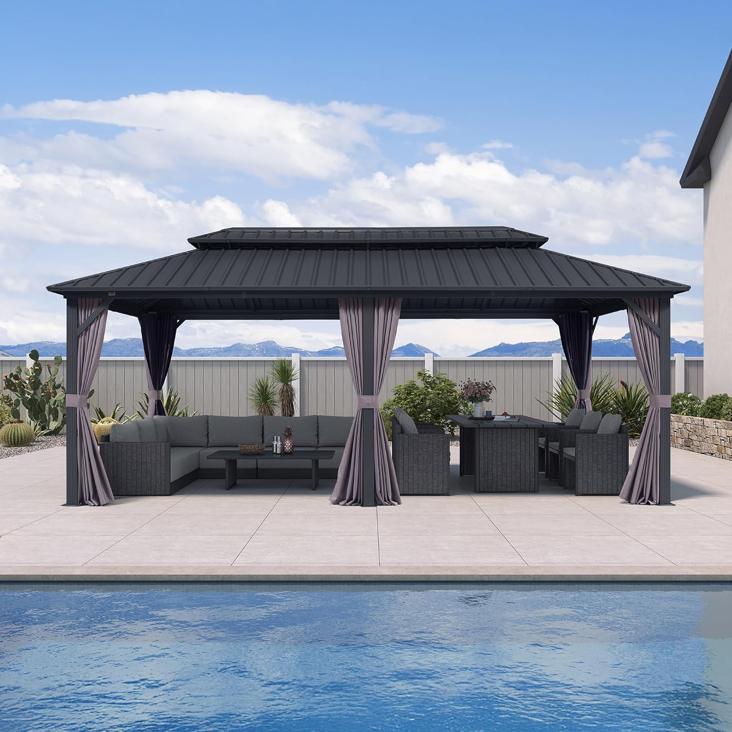 etevert - pergola double toit 6x3m, alu & acier, rideaux & moustiquaire
