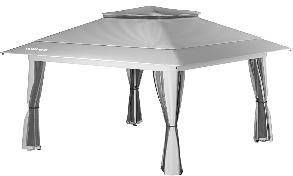etevert - Pavillon pliant 4x4m - gris, moustiquaire, sac à roulettes