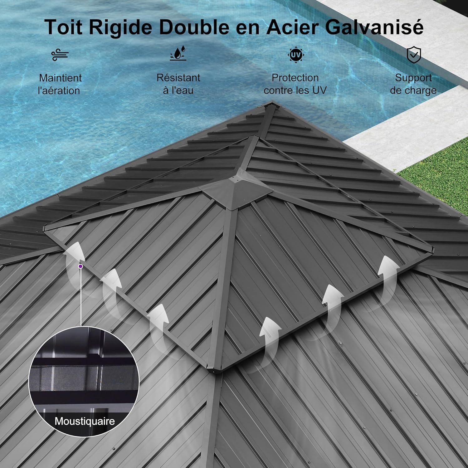 etevert - tonnelle double toit acier 4x4m, rideaux, moustiquaire