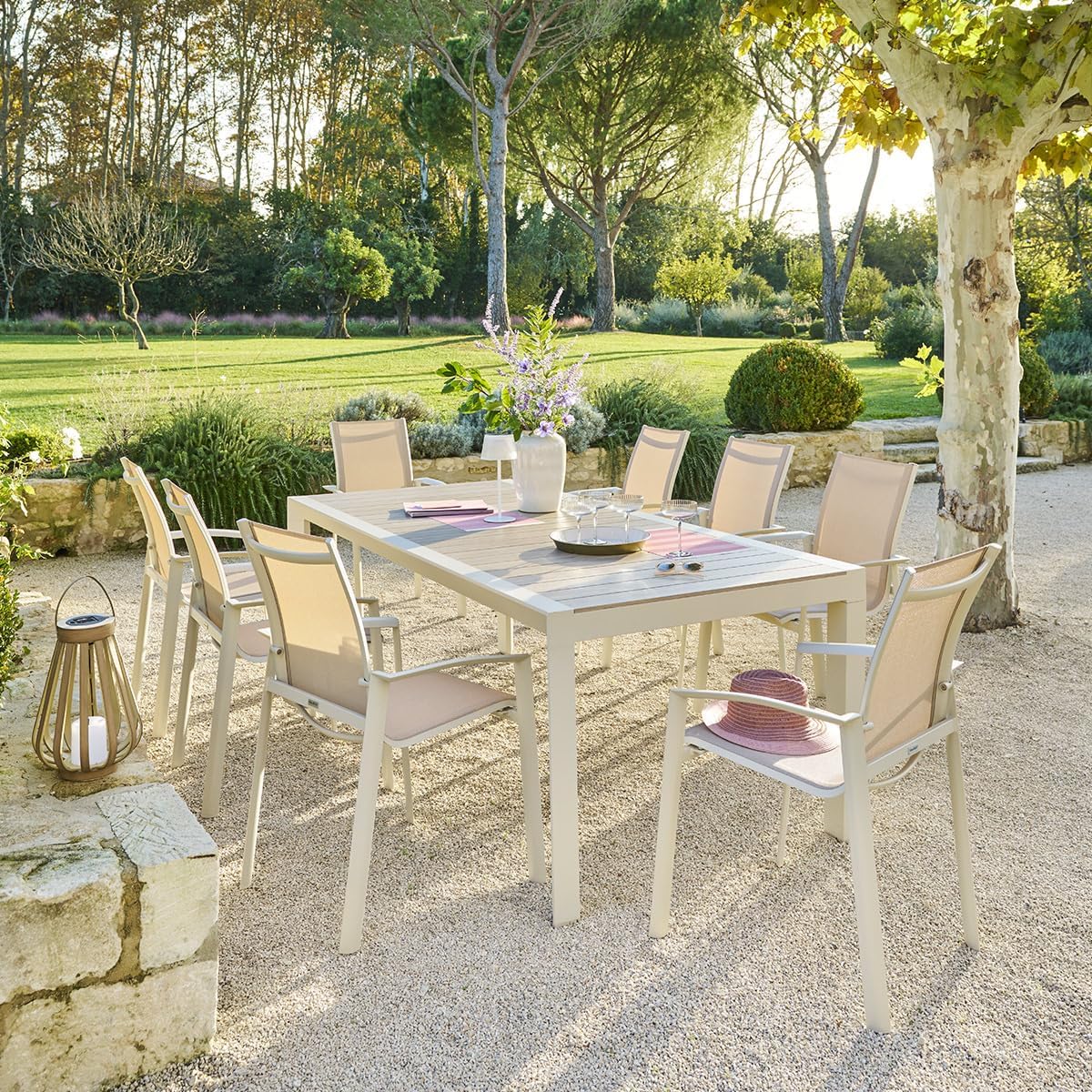 etevert - Table de jardin Évasion 8 places - aluminium, effet bois, lin et argile