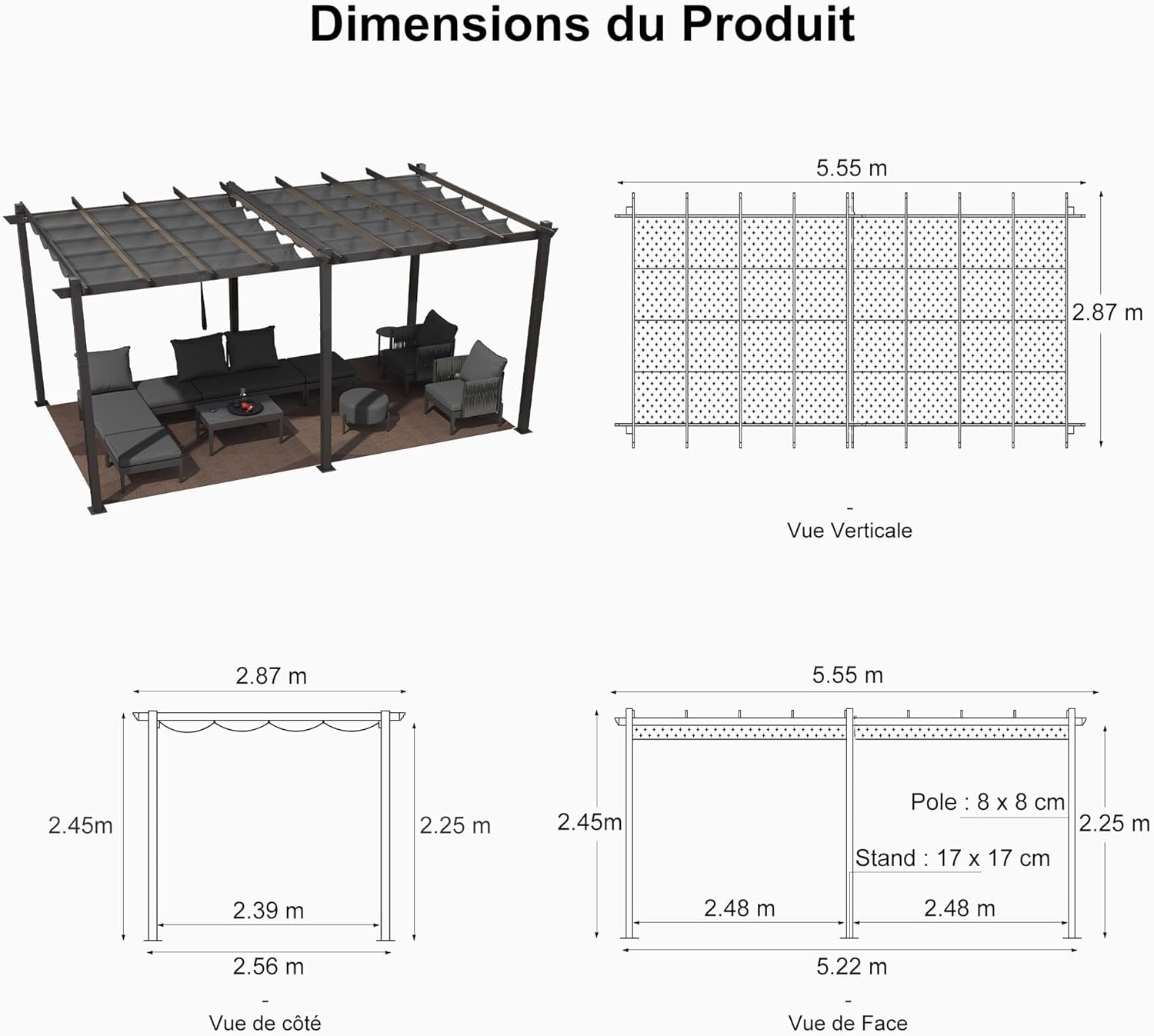 etevert - Pergola aluminium 5,5x3m, éclairage LED, toit rétractable