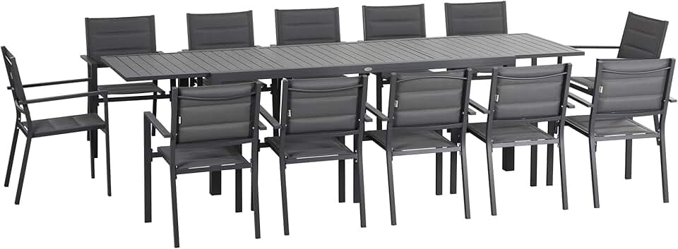 etevert - Salon de jardin alu textilène extensible - 200/300x90x75cm - 12 chaises empilables