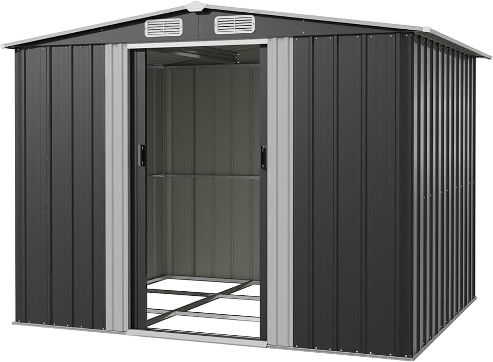etevert Abri de Jardin Métallique 8x6ft, Grand Rangement Extérieur pour Outils, Vélos et Poubelles, Toit Penté et Ventilation Inclus, Résistant aux Intempéries, pour Jardin, Terrasse et Pelouse, Noir