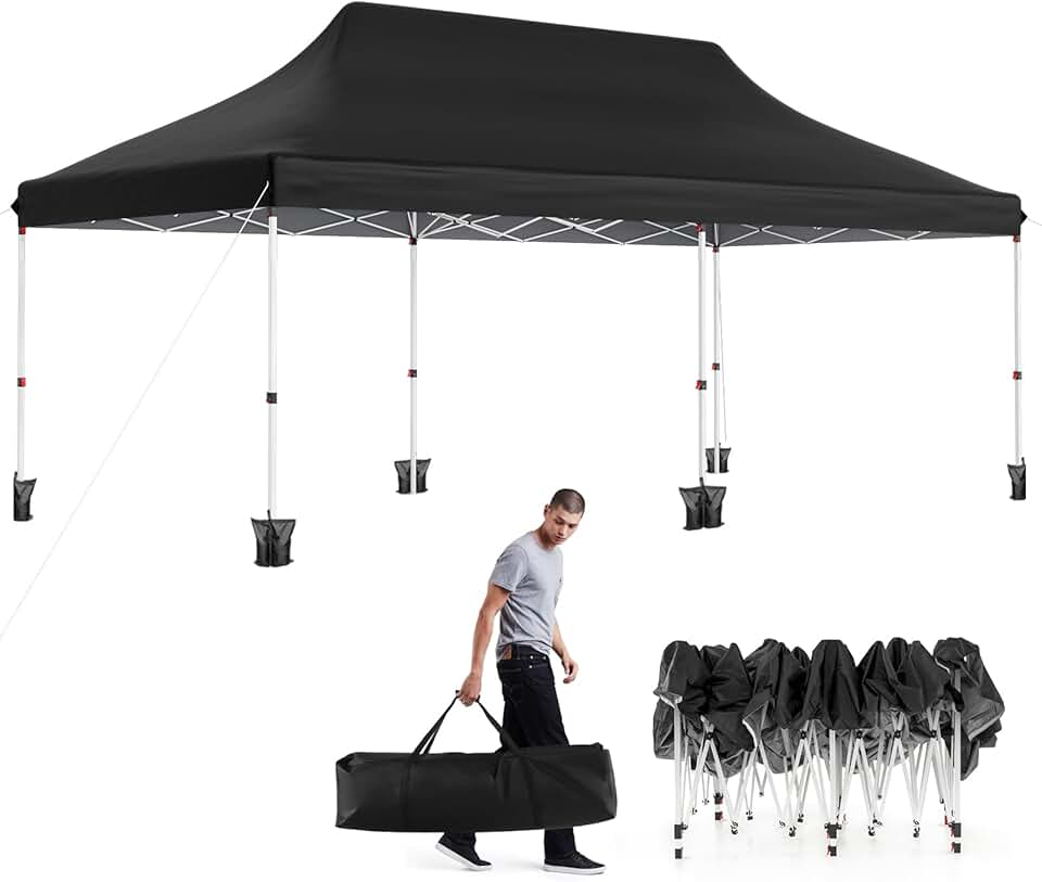 etevert Tonnelle Pliante 3x6m Imperméable, Tonnelle Barnum Pliante 3x6 de Jardin Exterieur, Sac de Transport, Sac Lesté, Pavillon de Jardin Pop-Up pour Fête, Mariage (Noir|sans Bâche)