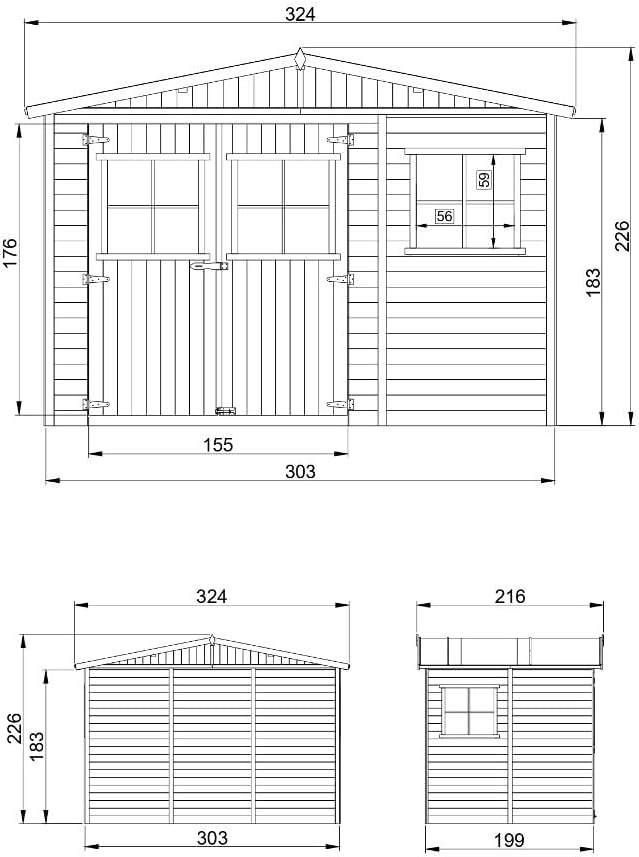 Abri de Jardin en Bois Exterieur avec Les PLANCHERS IMPRÉGNÉ- Cabane de Jardin en Pin/épicéa-H226x324x216 cm/6m2- Construction de Panneaux- Rangement pour vélos, Remise à Outils- etevert M334+M334G