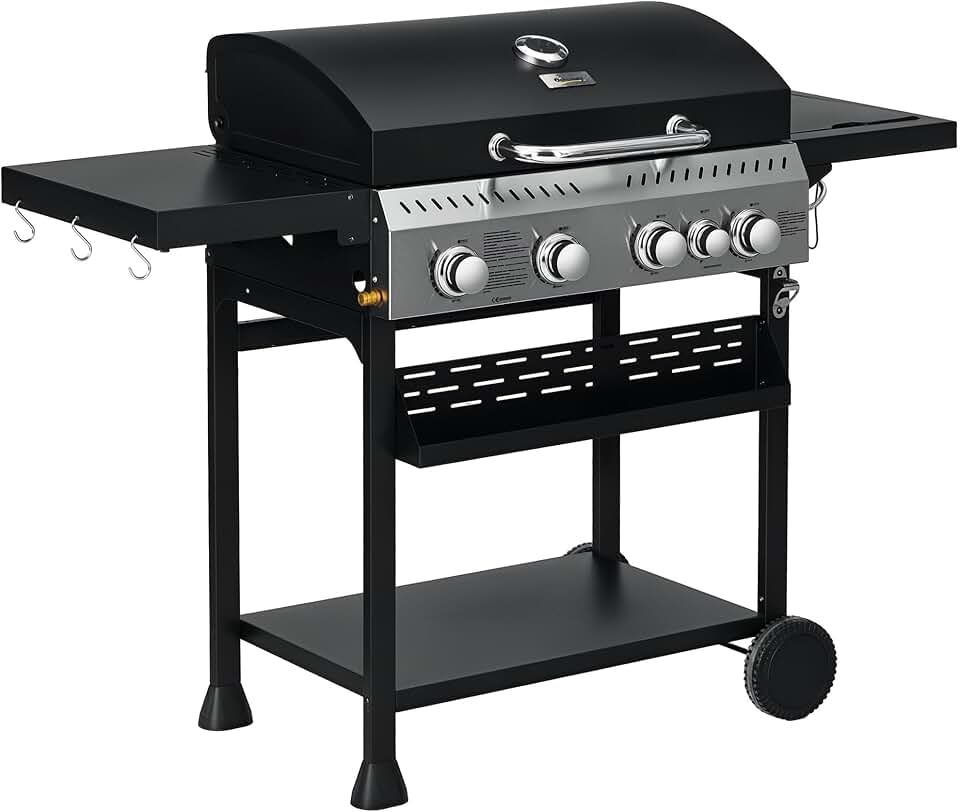 etevert - Barbecue gaz 4+1 brûleurs 12,5kW - roulettes, étagères